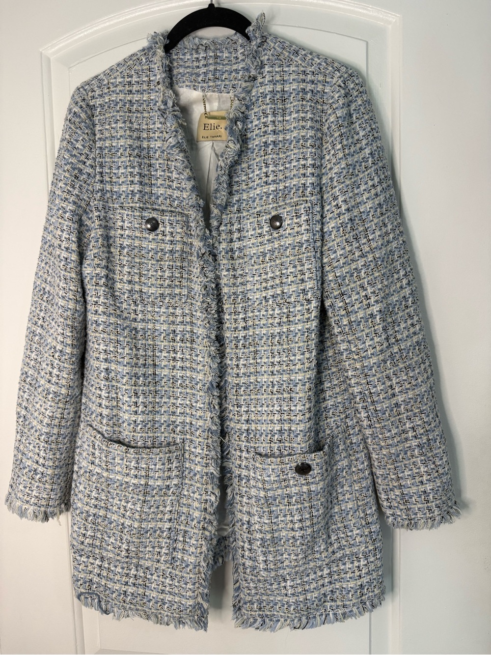 Elie Tahari Blue Boucle Tweed Fringe Long Jacket Blazer Coat Frayed As Is